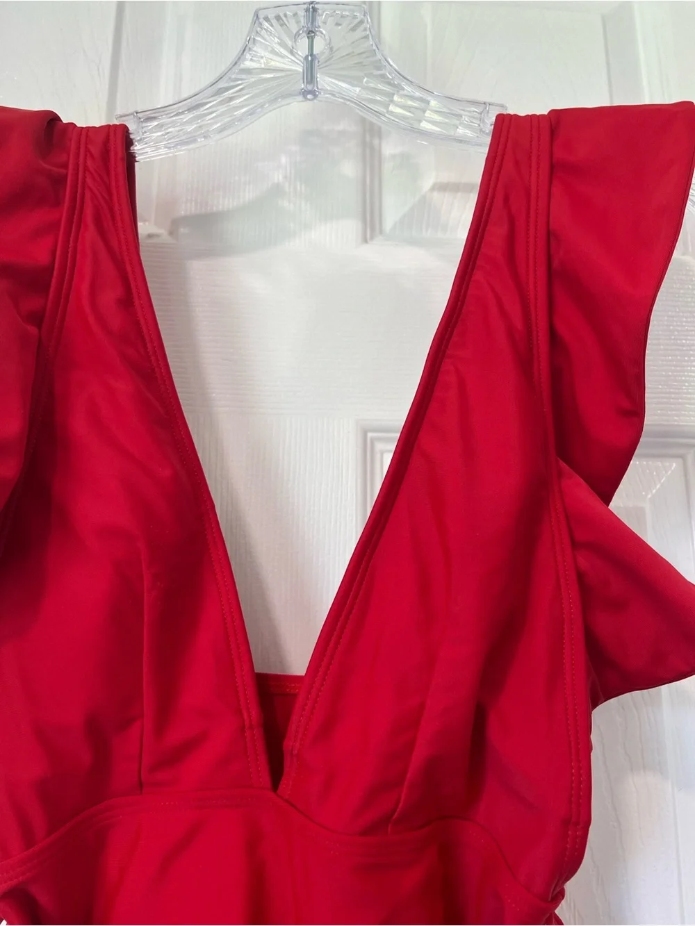 Women's  Original Red Ruffle One-Piece Swimsuit with Belt - Picture 3 of 5